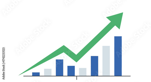 A graphical representation of financial growth, depicting rising bar charts with a green upward-pointing arrow.
