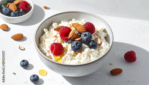 Cottage cheese breakfast bowl with berries, almonds, and honey in high-key overhead	