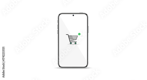 A smartphone displays a shopping cart icon with a plus sign, representing online shopping and adding items.