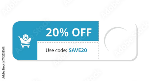 A blue and white coupon graphic advertising a 20% discount with the code SAVE20, featuring a shopping cart icon.