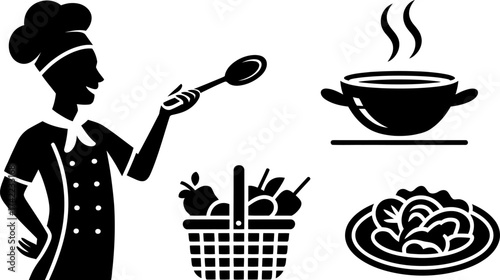 Chef tasting delicious soup with fresh ingredients and prepared meal