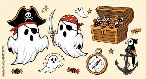 Flat vector Halloween pirate ghosts with treasure chest illustration