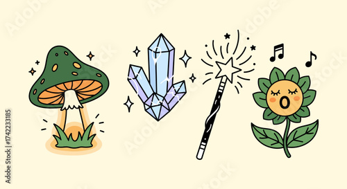 Flat vector mystical collection with mushroom crystals magic wand singing flower