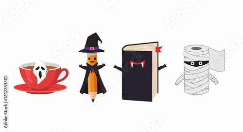 Flat vector Halloween themed characters ghost in teacup pencil witch