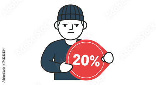 A cartoon illustration of a person wearing a beanie holding a discount tag with a percentage.