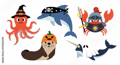 Flat vector Halloween sea creatures in costumes octopus dolphin otter crab whale
