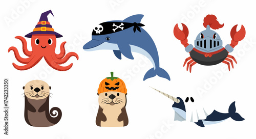 Flat vector cartoon sea creatures in halloween and pirate costume