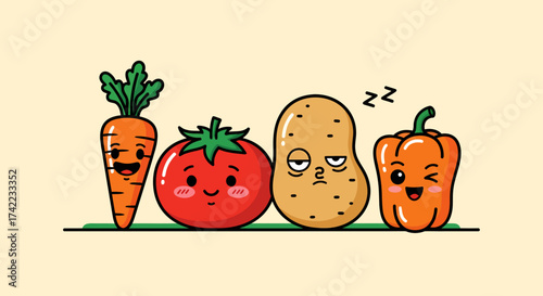 Flat vector cartoon vegetables with expressions carrot tomato potato pepper