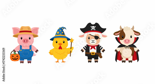 Flat vector halloween animals dressed in costume pig chicken sheep cow