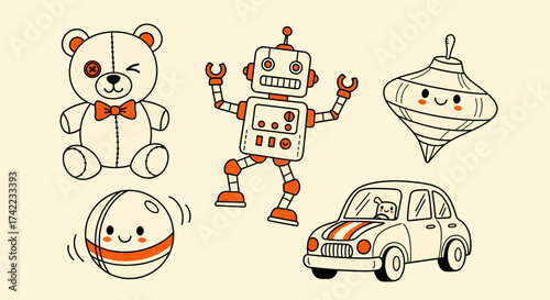 Flat vector of various cute doodle toys collection on light background