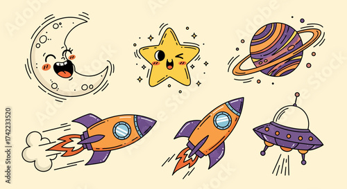 Cute cartoon drawings of space elements vector illustration collection