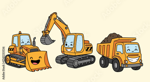 Flat vector cute construction vehicles cartoon bulldozer excavator and dump truck