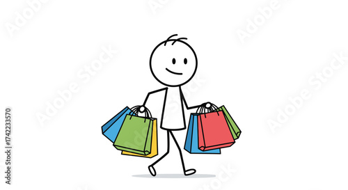 Stick figure carrying multiple colorful shopping bags in both hands, walking happily.