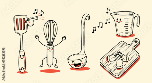 Flat vector joyful kitchen utensils characters baking musical design illustration