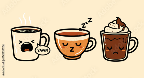 Flat vector cartoon coffee mugs expressing different emotions tired yawning
