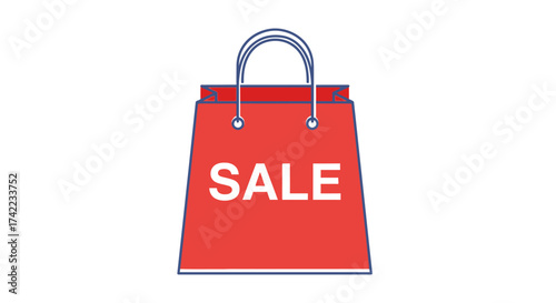 Red shopping bag with the word "SALE" in white letters, featuring blue handles, isolated on a white background.