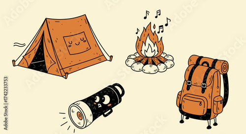 Flat vector camping gear illustration with tent campfire backpack flashlight