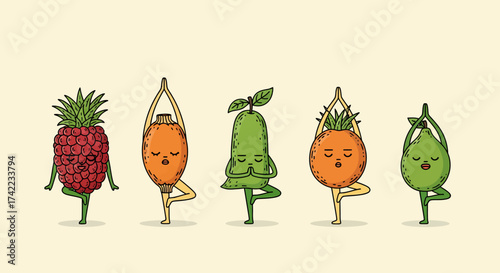 Illustration fruit characters practicing yoga pose wellness and healthy lifestyle