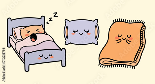 Illustration of cute sleeping bed pillow and blanket cartoon design elements