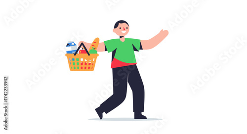 A smiling man in casual clothes carries a full shopping basket, waving his hand in a friendly gesture.