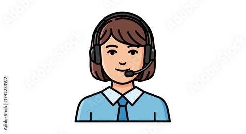 An illustrated female customer service representative wearing a headset, smiling, ready to assist.
