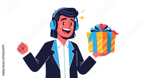 A cheerful person wearing headphones holds a wrapped gift box with a ribbon, expressing joy and excitement.