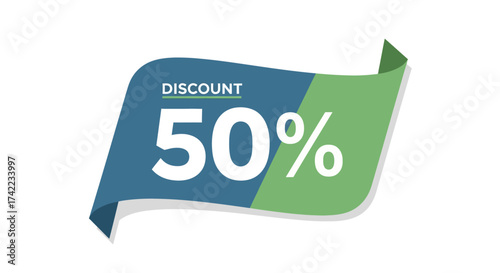A stylized banner displaying a fifty percent discount offer, promoting a sale.