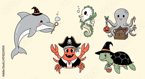 Cute cartoon ocean animals wearing halloween costumes illustration