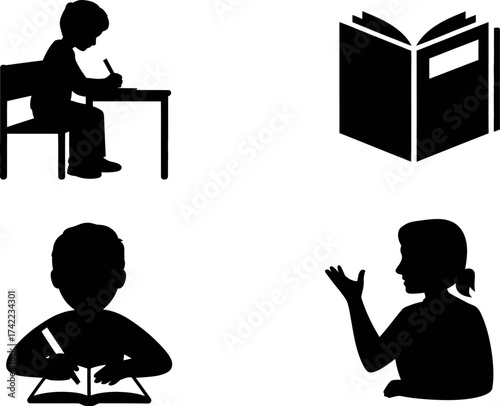 Silhouettes of children engaged in learning activities, representing education and knowledge.