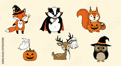 Cute Halloween animals illustrations collection fox squirrel badger owl deer pumpkin