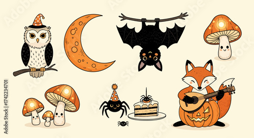 Cute cartoon halloween characters owl bat moon fox mushroom spider cake