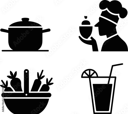 Culinary icons: chef smelling herbs, pot, fresh vegetables, and a refreshing drink