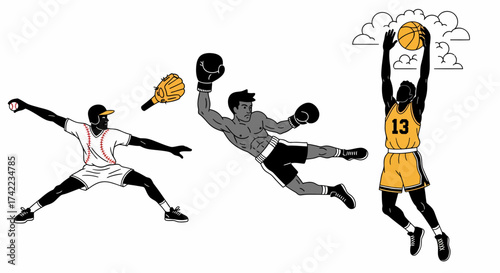 Line art illustration sports players baseball boxing basketball action pose