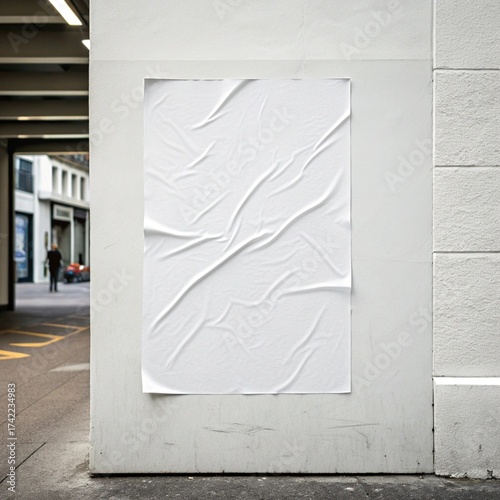 white paper wrinkled poster template ,blank glued creased paper sheet mockup.white poster mockup on wall. empty paper mockup..