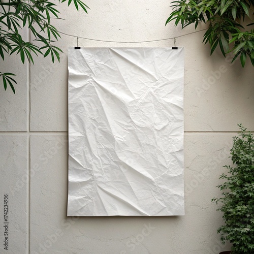 white paper wrinkled poster template ,blank glued creased paper sheet mockup.white poster mockup on wall. empty paper mockup..