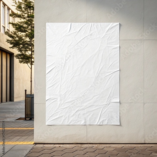 white paper wrinkled poster template ,blank glued creased paper sheet mockup.white poster mockup on wall. empty paper mockup..
