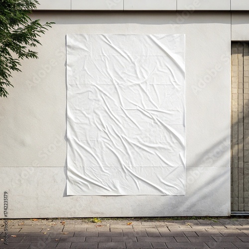 white paper wrinkled poster template ,blank glued creased paper sheet mockup.white poster mockup on wall. empty paper mockup..