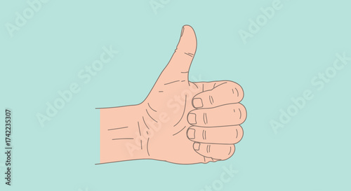 A light-skinned hand with a raised thumb, showing approval on a blue background.