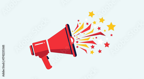 Red megaphone with colorful starbursts emanating from its opening, against a light background, symbolizing announcement or promotion.