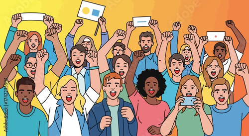 Illustration of a diverse group of people cheering and raising their fists in the air, some holding signs and electronic devices.