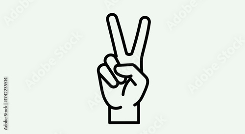 A hand making a peace sign with two fingers raised in a V shape, presented as a simple black line drawing on a white background.
