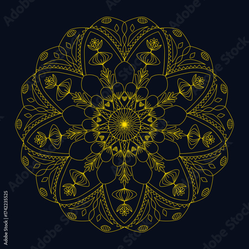 Yellow color drawing mandal on black background, ethnic fabric pattern, for paper, carpet, cloth, textile, wallpaper, wrapping, decoration.