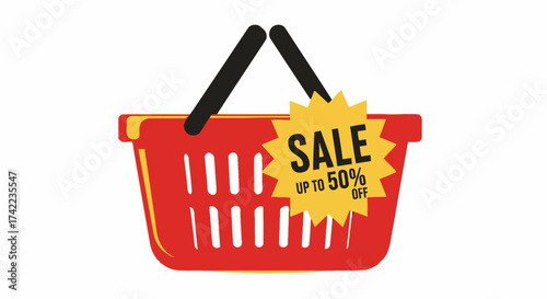 Red shopping basket with black handles and a yellow sale tag indicating up to 50% off.