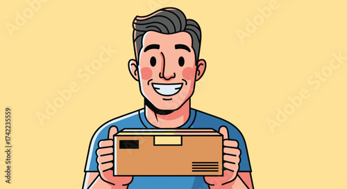 Smiling man holding a cardboard box in front of him, against a light yellow background.
