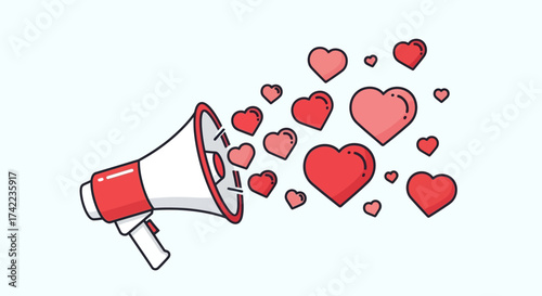 A red and white megaphone emits a stream of various sized pink and red hearts against a white background, conveying a message of love.