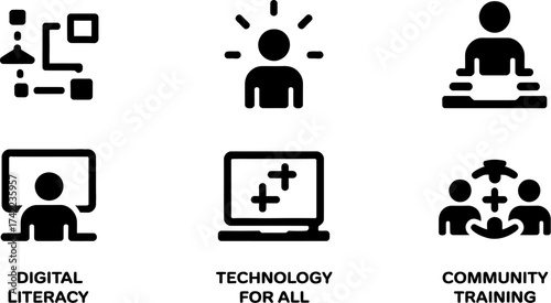 Diverse digital icons representing learning, connection, and innovation in technology.