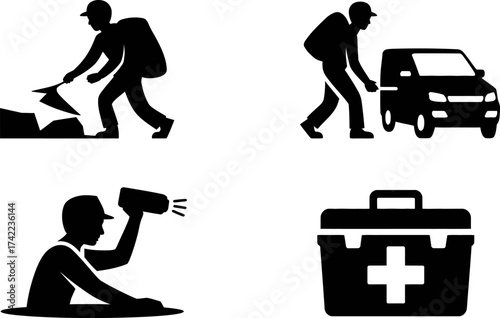 Outdoor adventure preparation icons: hiking, packing, signaling, and first aid kit.