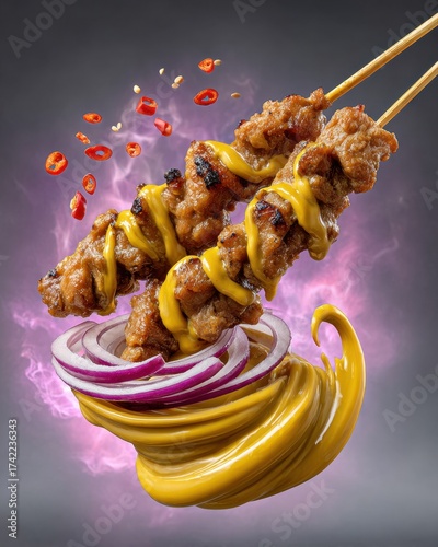 Vibrant and appetizing fried chicken skewers with spicy marinade and flavorful sauce served with colorful vegetables and artistic presentation for gourmet food lovers
