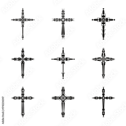 Christian cross vector icon symbols.  Abstract christian religious belief or faith art illustration for orthodox or catholic design. The symbol of the cross in various designs used in tattoo.