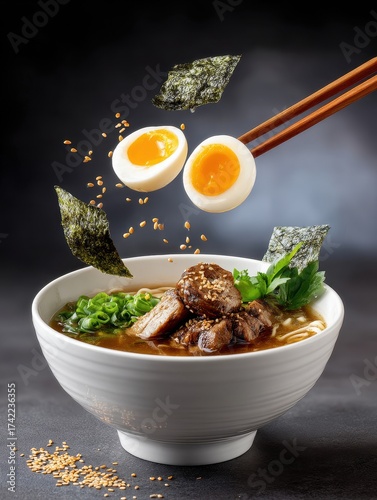 Authentic Asian ramen bowl featuring flavorful broth fresh ingredients savory noodles tender meat and vibrant vegetables in a modern gourmet presentation